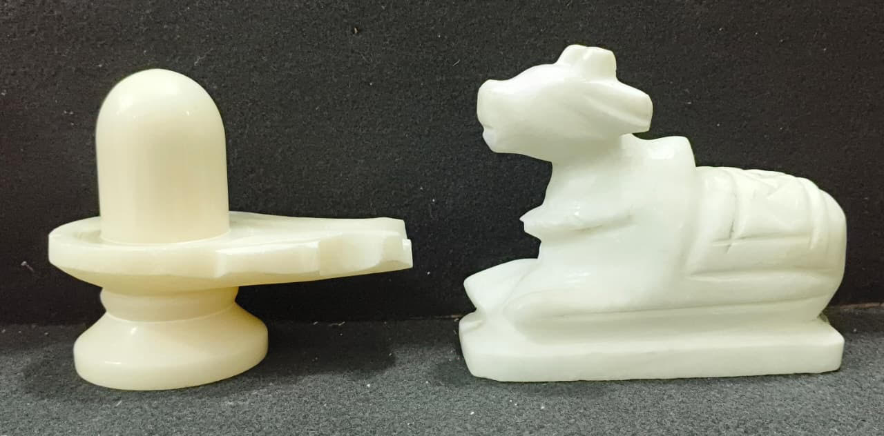 Divine White Marble Shivling and Nandi Pair