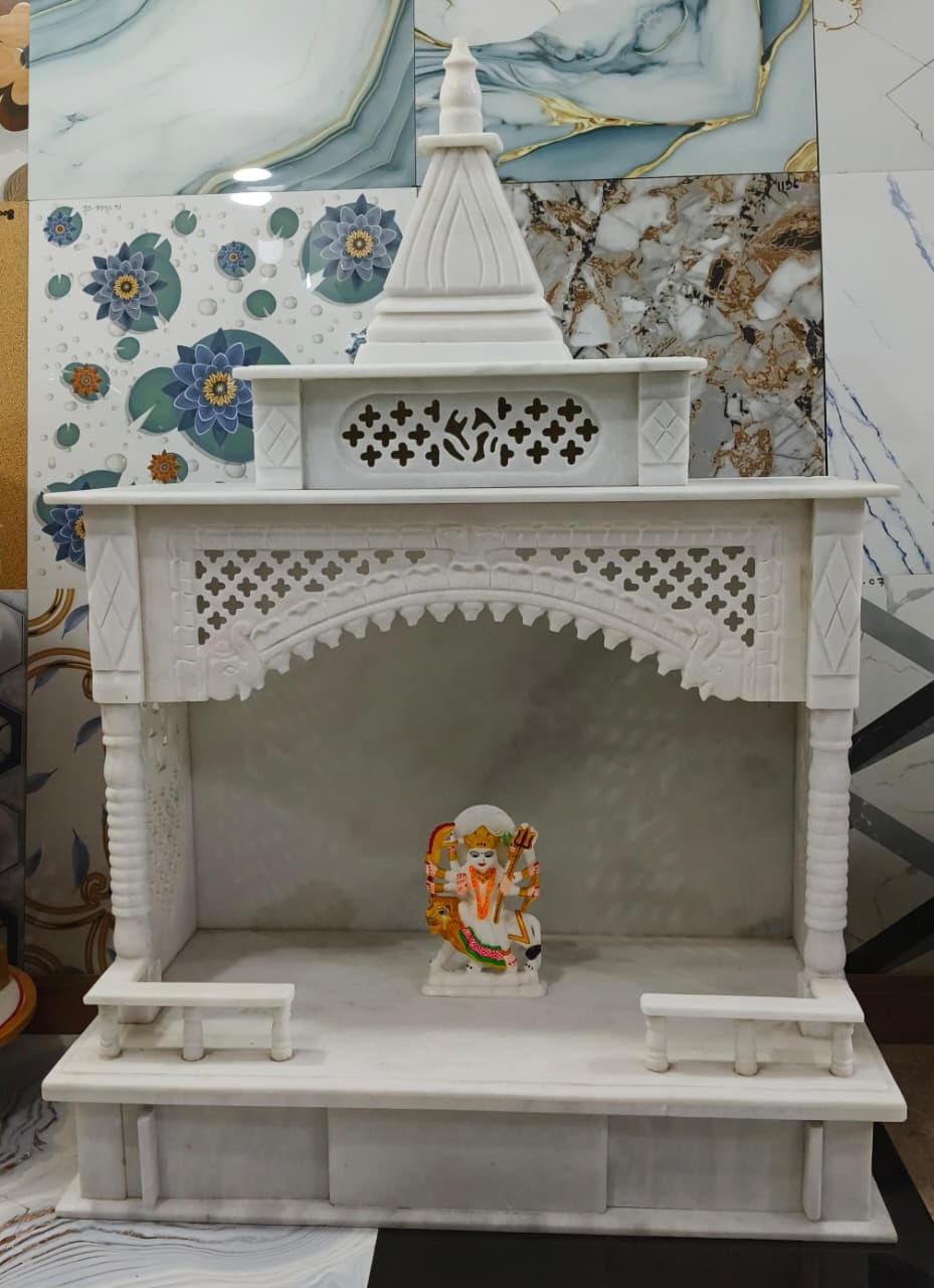 Classic White Carved Mandir with Durga Murti