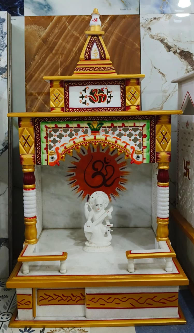 Decorative Painted Mandir with Saraswati Murti
